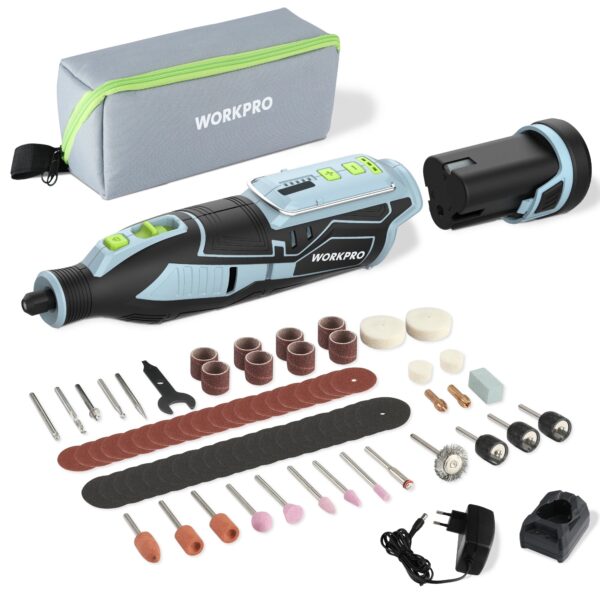 WORKPRO 12V Ferramenta rotativa sem fio com carregador Mini máquina de polimento elétrica de 5 velocidades e 2,0 Ah Ferramentas de polimento e 114 acessórios