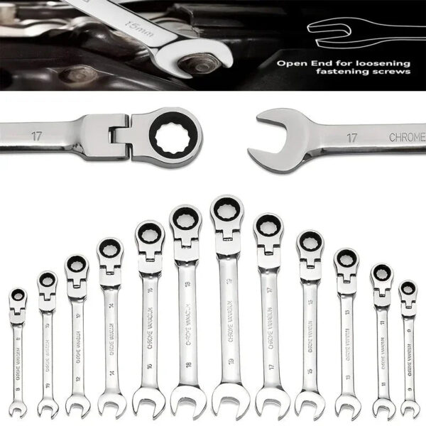 Conjunto de chaves de catraca de cabeça flexível para carro - Chaves de combinação de catraca métrica de 8 a 17 mm CrV Gear Spanner Conjunto de chaves de catraca Ferramentas amagi
